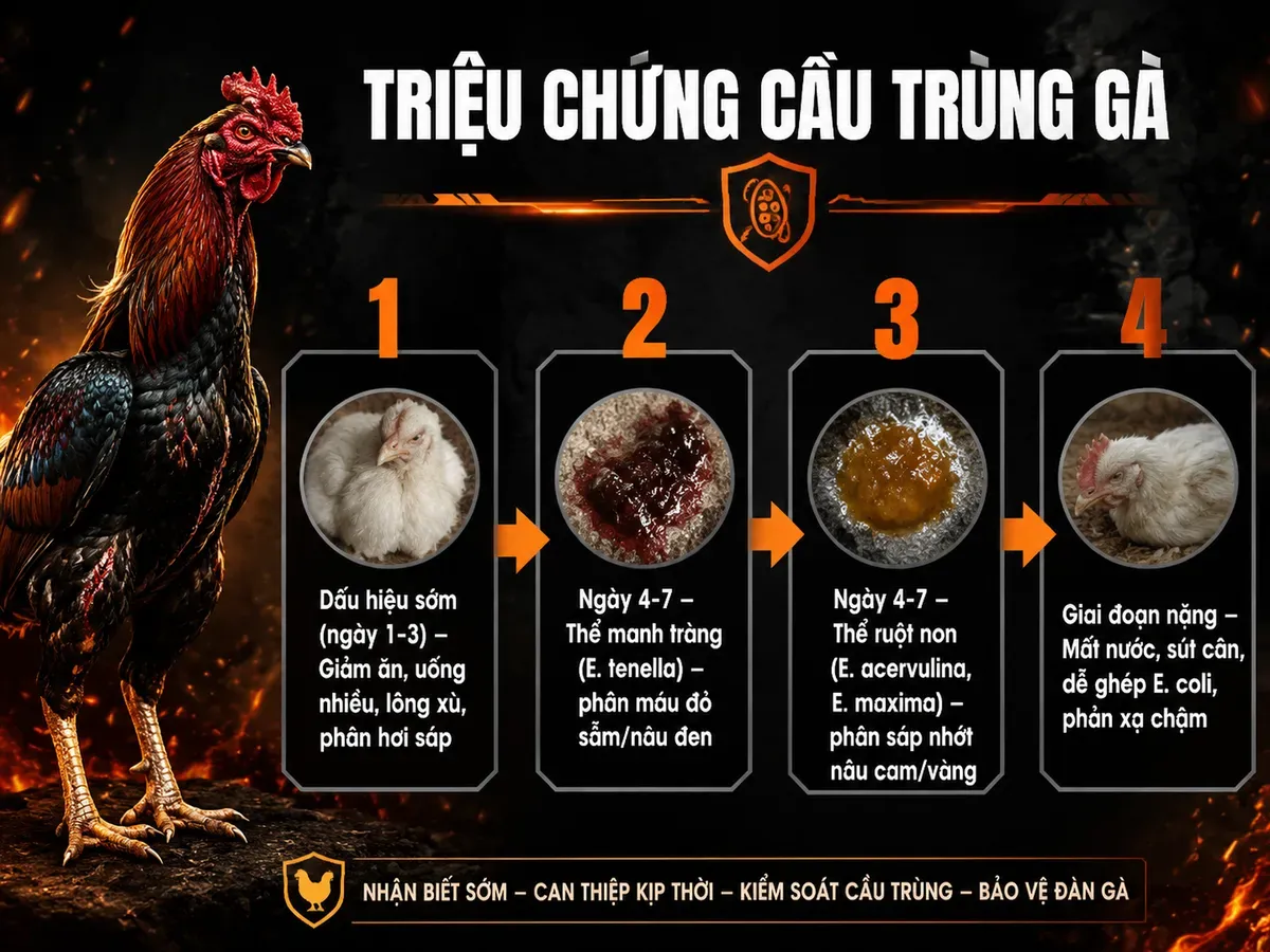 so sánh triệu chứng bệnh cầu trùng gà theo thể manh tràng và ruột non, từ dấu hiệu sớm đến giai đoạn nặng, gà chiến oai vệ