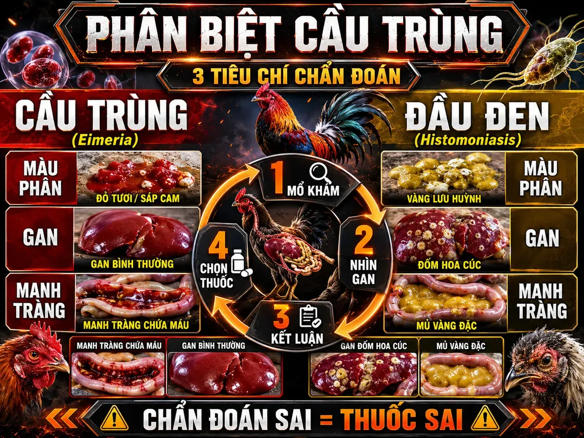 So sánh bệnh cầu trùng và bệnh đầu đen ở gà qua màu phân, tổn thương gan và manh tràng, hướng dẫn chẩn đoán nhanh