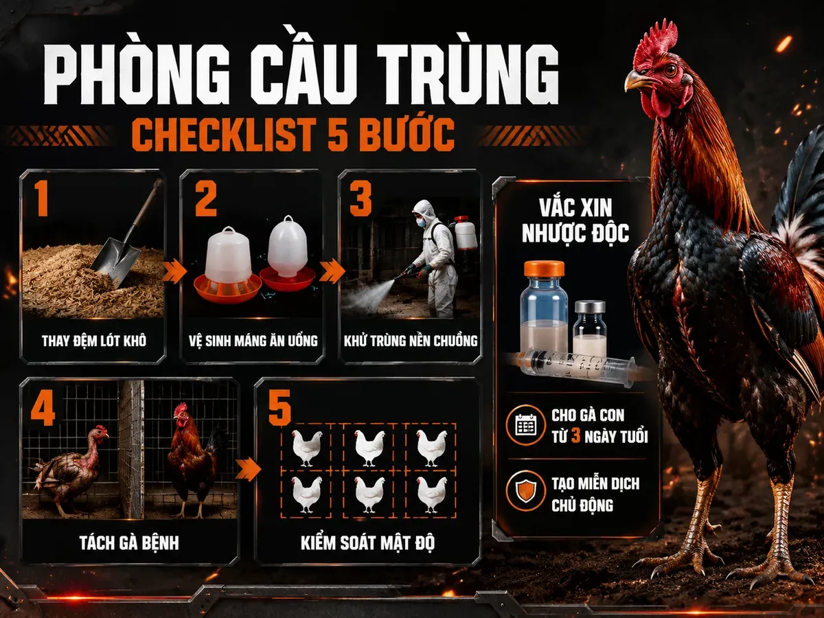 Infographic phòng bệnh cầu trùng gà với checklist 5 bước vệ sinh chuồng trại và vắc xin nhược độc