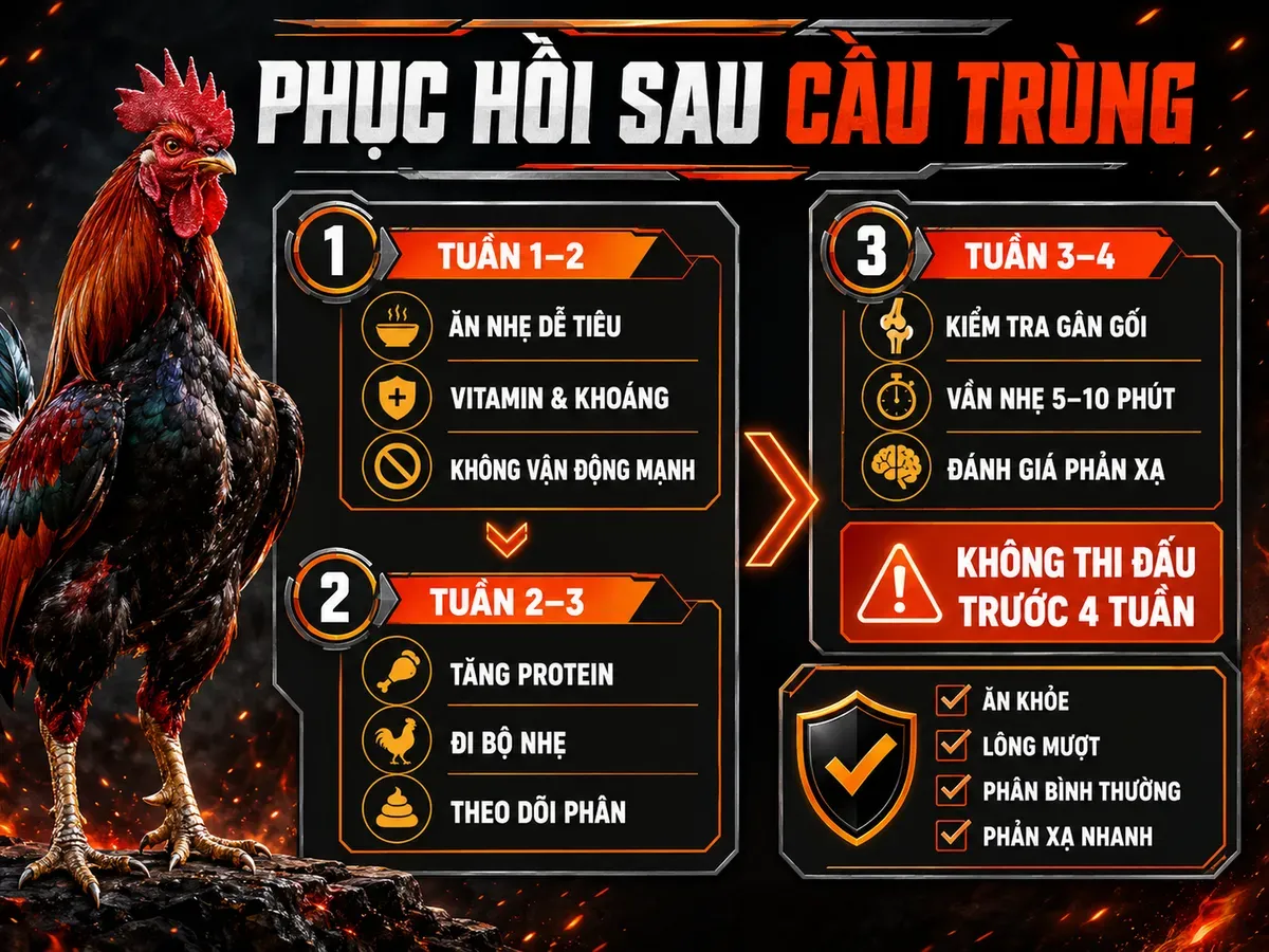 Infographic timeline phục hồi thể lực gà chiến sau bệnh cầu trùng 4 tuần với các mốc dinh dưỡng, vận động và đánh giá thể lực.