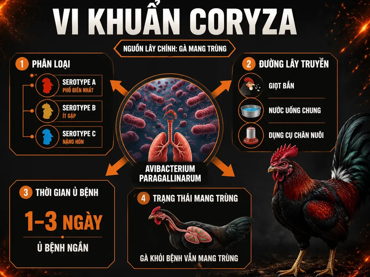 Infographic Avibacterium paragallinarum gây bệnh Coryza ở gà với serotype A B C, đường lây và gà mang trùng.