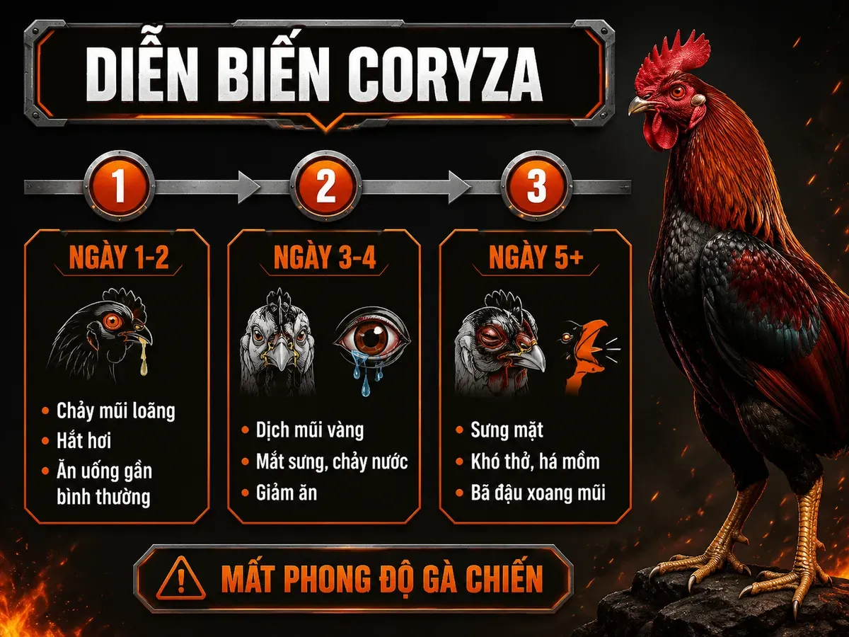 Infographic diễn biến triệu chứng bệnh Coryza ở gà qua 3 giai đoạn từ ngày 1 đến ngày 5 trở đi