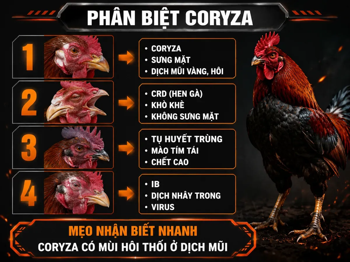 Infographic phân biệt Coryza với CRD, Tụ huyết trùng và IB ở gà bằng triệu chứng đặc trưng