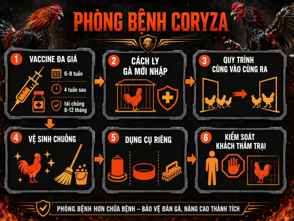 Hướng dẫn phòng bệnh Coryza ở gà chiến với vaccine và an toàn sinh học trực quan