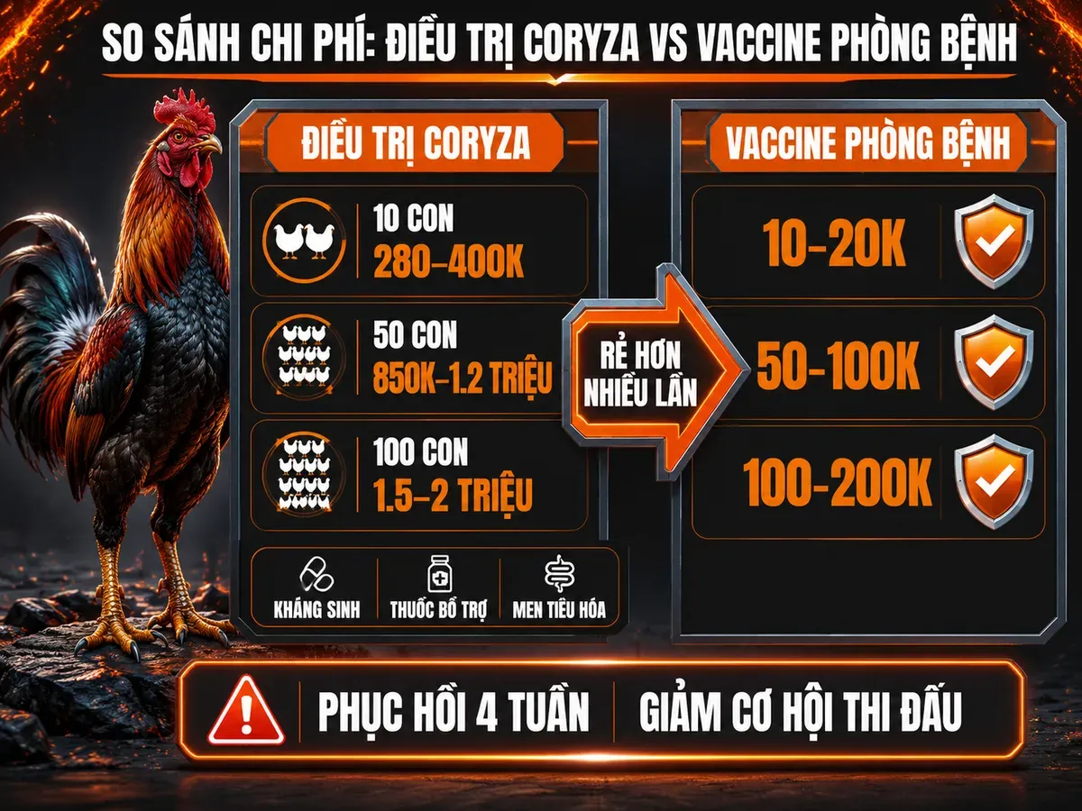 So sánh chi phí điều trị Coryza và vaccine phòng bệnh cho gà chiến theo quy mô đàn