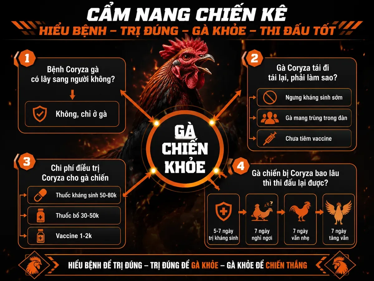 Hình infographic radial Q&A bệnh Coryza gà chiến, trung tâm gà khỏe, nhánh thông tin xung quanh, phong cách dark combat, dễ đọc
