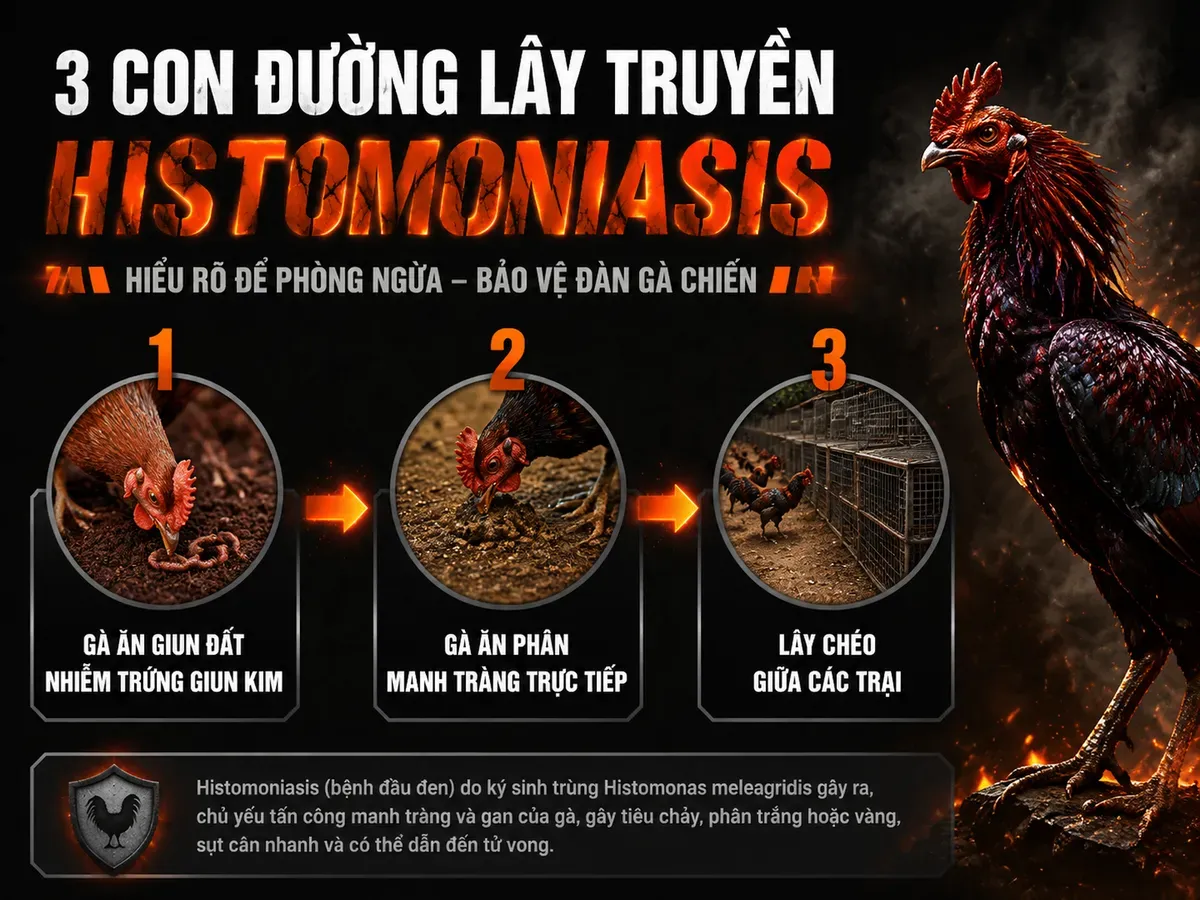 Hình minh hoạ 3 đường lây bệnh đầu đen ở gà, gồm giun đất, phân manh tràng và lây chéo trại, phong cách thực chiến