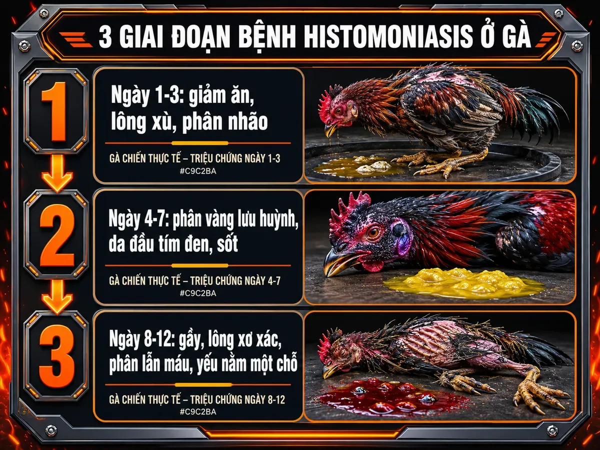 Infographic 3 giai đoạn triệu chứng bệnh đầu đen ở gà chiến, phân màu vàng, da đầu thâm, lông xơ xác, biểu hiện rõ ràng