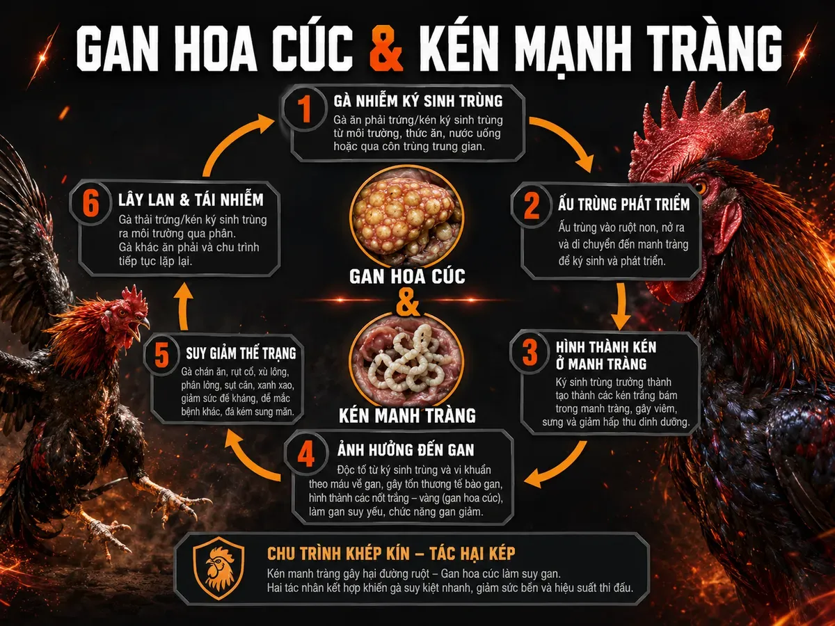 Hình ảnh diagram vòng tròn minh họa bệnh đầu đen gà, hiển thị 'Gan hoa cúc' và 'Kén manh tràng', trực quan cho người chăn nuôi
