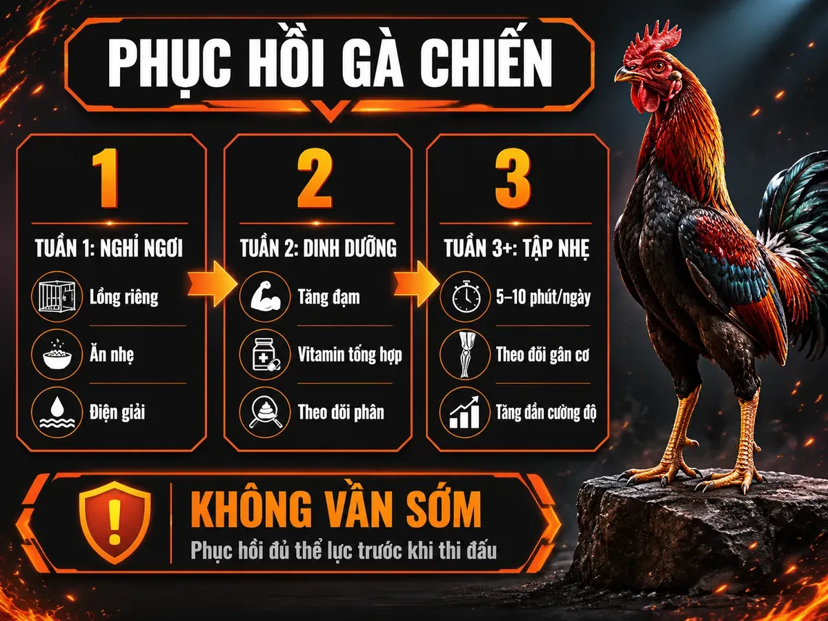 Infographic phục hồi gà chiến sau bệnh đầu đen theo từng tuần nghỉ ngơi, dinh dưỡng và tập nhẹ