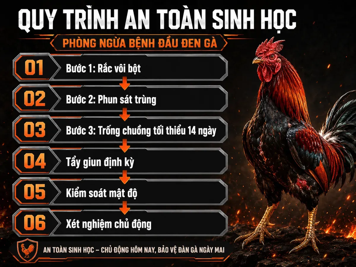 <vi SEO>Infographic quy trình phòng bệnh đầu đen gà với các bước an toàn sinh học, minh họa gà chiến và hướng dẫn cụ thể.