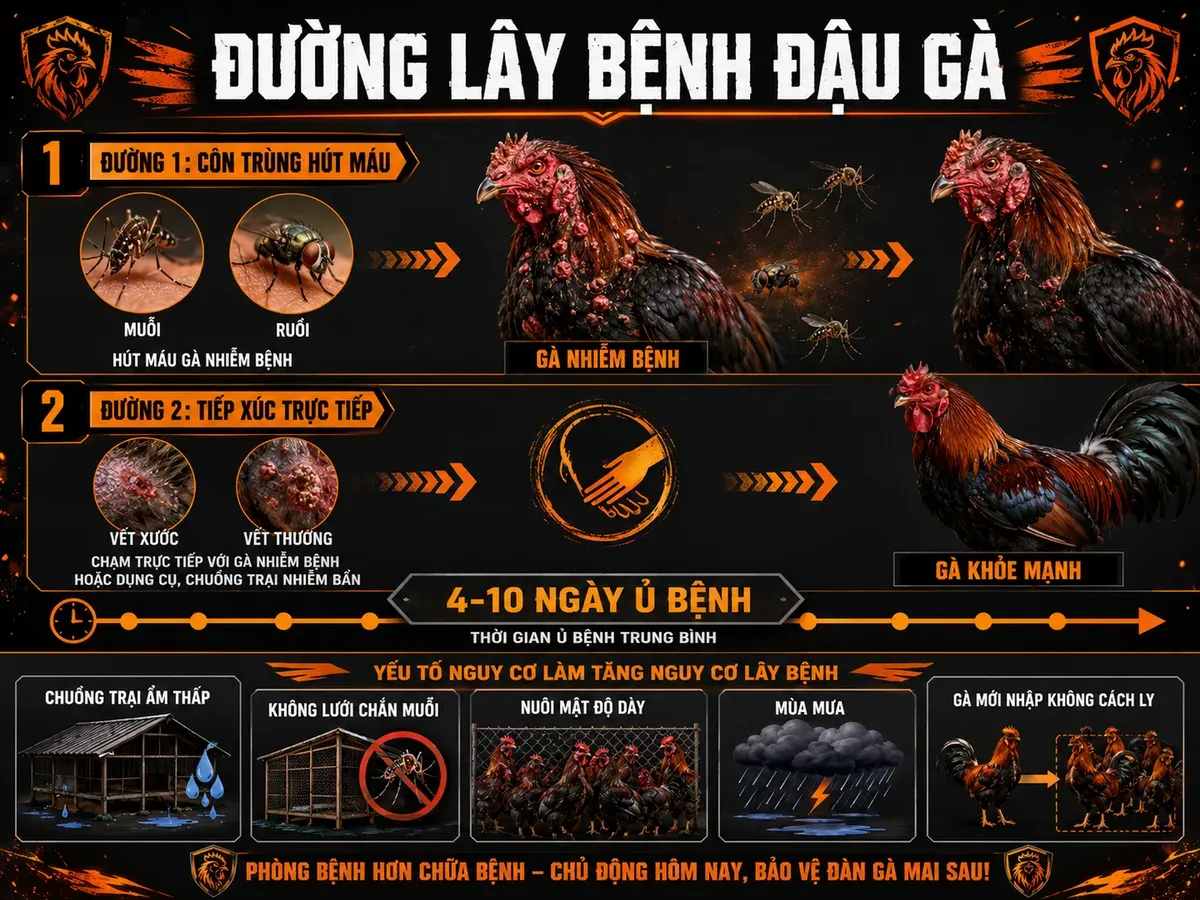Sơ đồ đường lây truyền bệnh đậu gà ở gà chiến, hiển thị hai đường chính và yếu tố nguy cơ
