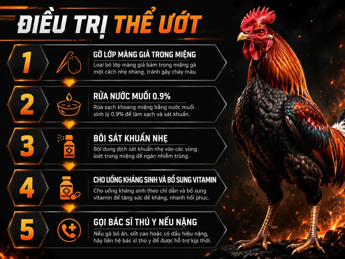 <vi SEO>Infographic hướng dẫn điều trị gà bệnh đậu gà thể ướt từ chăm sóc tại nhà đến khi cần bác sĩ thú y, thể hiện quy trình theo phễu.</vi>