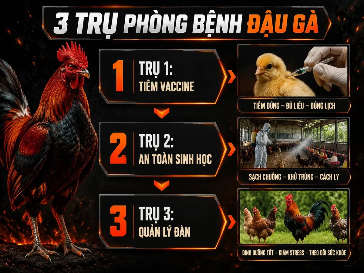 Infographic hướng dẫn 3 trụ phòng bệnh đậu gà: tiêm vaccine, vệ sinh chuồng, quản lý đàn