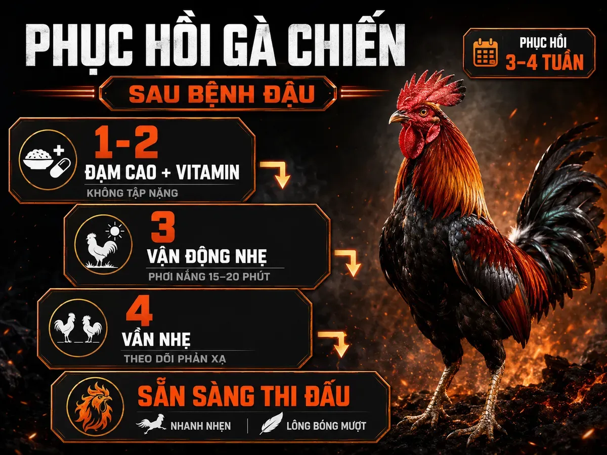 Infographic 4 tuần phục hồi thể lực gà chiến sau bệnh đậu với các mốc dinh dưỡng, vận động và đánh giá phản xạ
