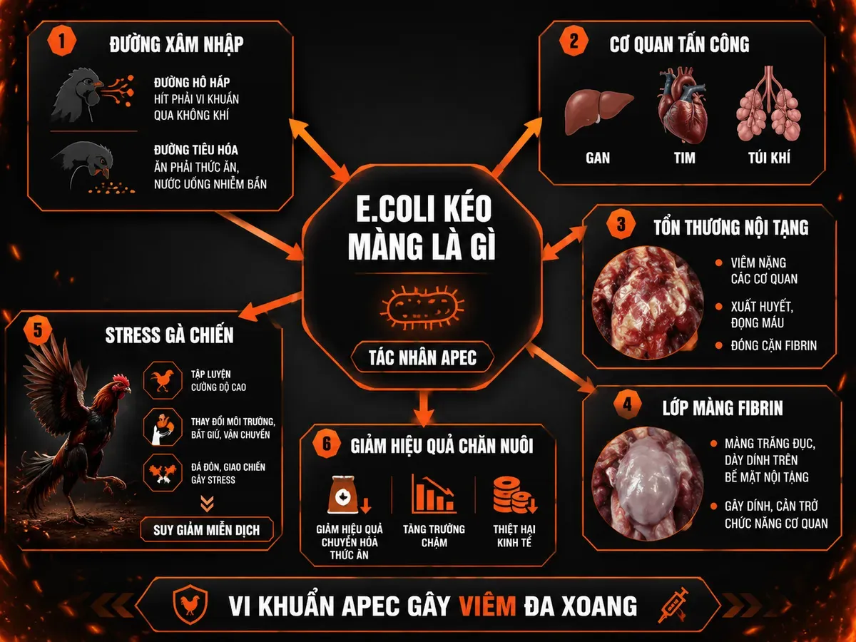 Infographic E.coli kéo màng ở gà chiến cơ chế bệnh và rủi ro