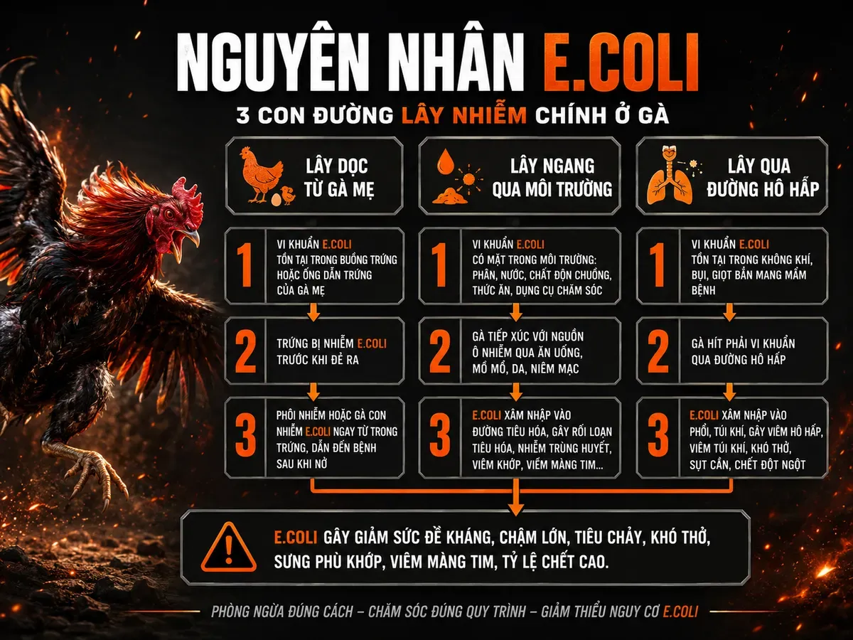 Diagram minh họa 3 đường lây truyền E.coli ở gà, bao gồm lây từ gà mẹ, môi trường và đường hô hấp