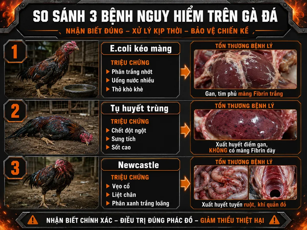 Infographic so sánh triệu chứng và bệnh tích 3 bệnh gà E.coli tụ huyết trùng Newcastle