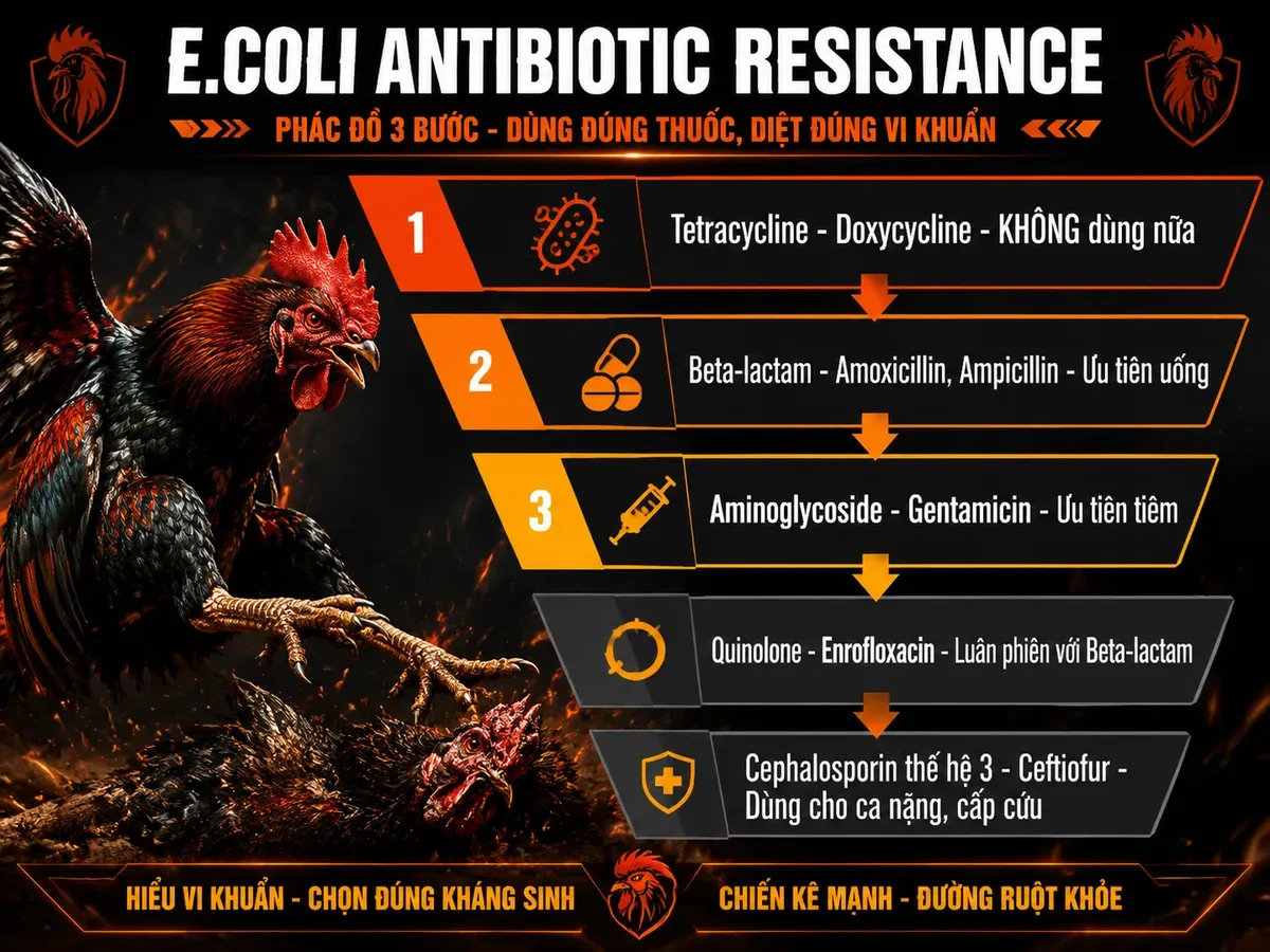 Bảng phễu kháng sinh E.coli gà chiến, thể hiện nhóm thuốc, mức nhạy và hướng dẫn dùng