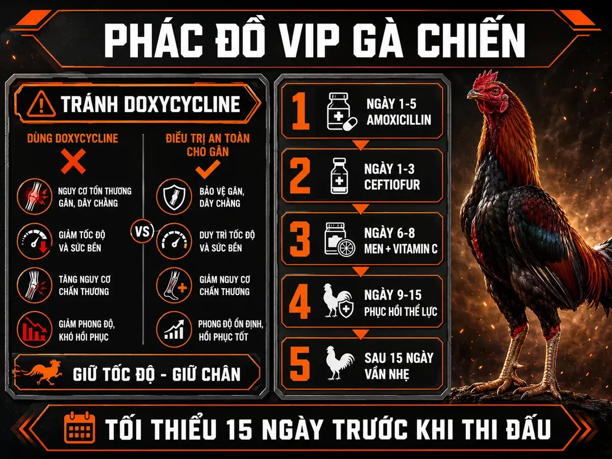 Infographic phác đồ trị E.coli cho gà chiến giữ thể lực, hồi phục 15 ngày trước khi vần lại