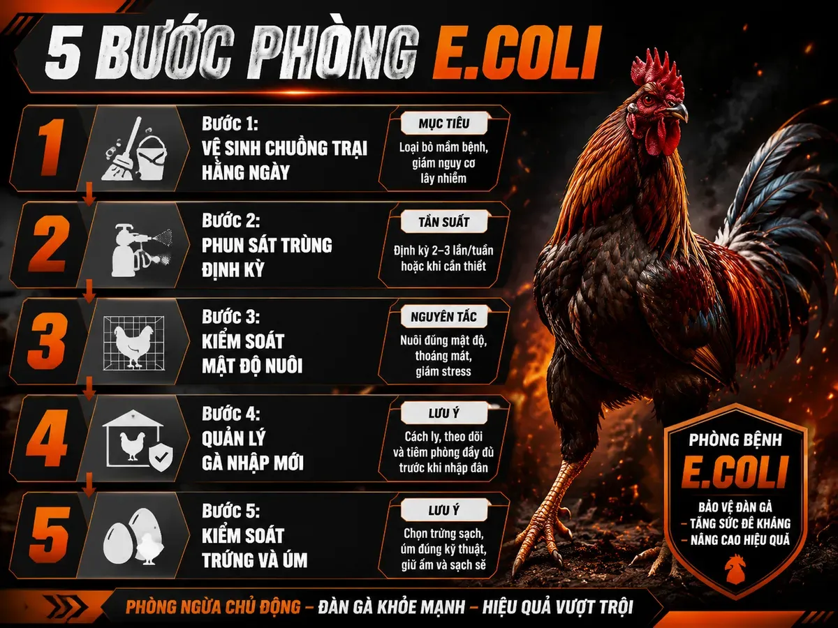 Checklist 5 bước phòng bệnh E.coli trên gà chiến, infographic dễ đọc, nhấn mạnh vệ sinh, sát trùng, mật độ, gà mới và trứng úm.