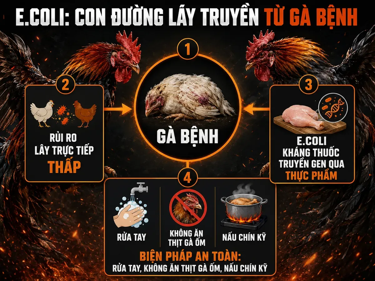 Diagram cơ chế E.coli ở gà lây sang người, nhánh thông tin an toàn thực phẩm