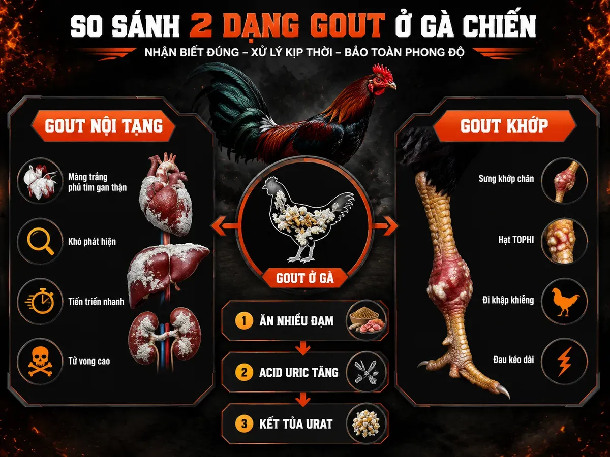 Infographic so sánh gout nội tạng và gout khớp ở gà chiến với cơ chế lắng đọng urat và triệu chứng đặc trưng.