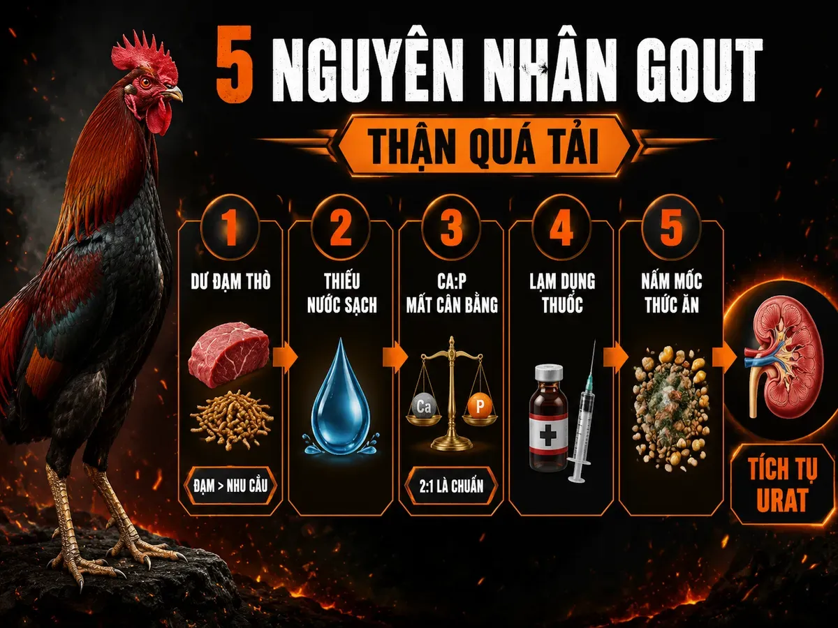 Infographic 5 nguyên nhân gây gout ở gà chiến: dư đạm, thiếu nước, mất cân bằng Canxi Phospho, lạm dụng thuốc và độc tố nấm mốc.