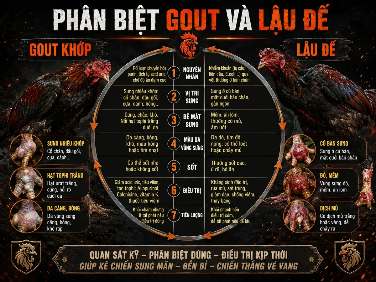 So sánh Gout khớp và Lậu đế ở gà chiến, bảng trực quan với vòng tròn, nhãn rõ ràng, hướng dẫn nhận biết và điều trị