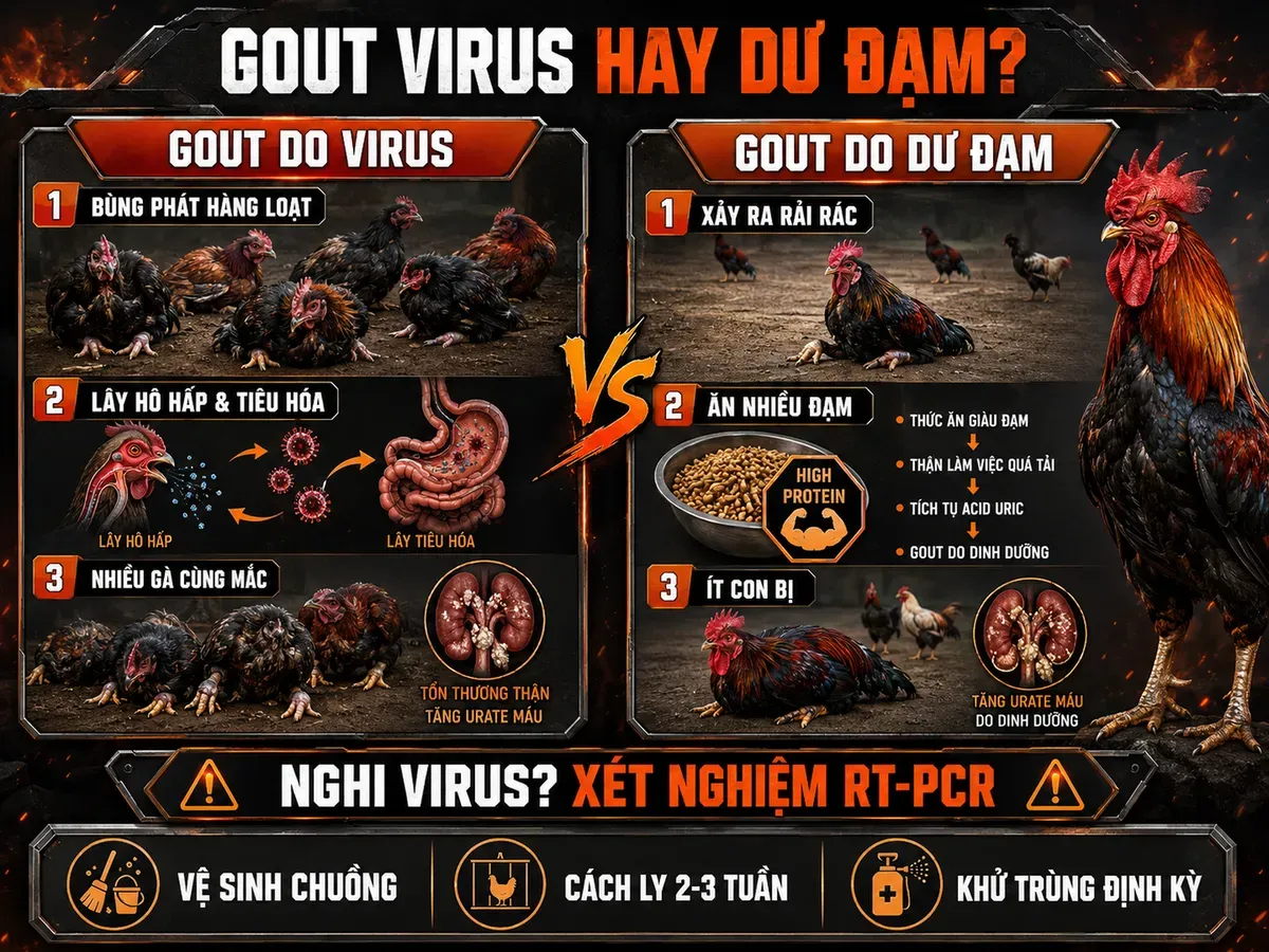 So sánh gout do virus Goose Astrovirus và gout do dinh dưỡng ở gà đá, dấu hiệu nhận biết và phòng bệnh