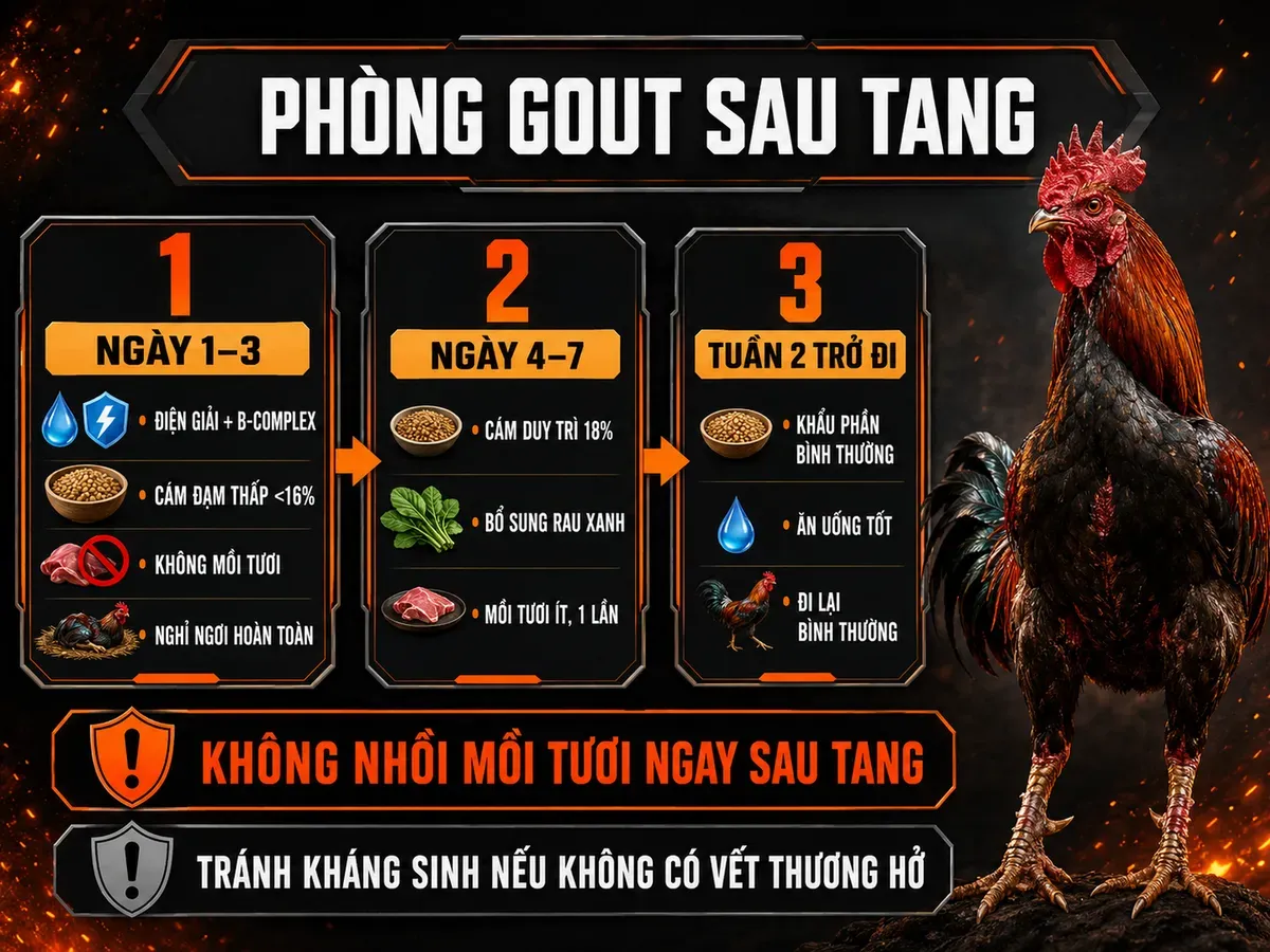 Infographic chăm sóc gà chiến sau tang phòng gout với lộ trình 3 giai đoạn phục hồi và lưu ý dinh dưỡng
