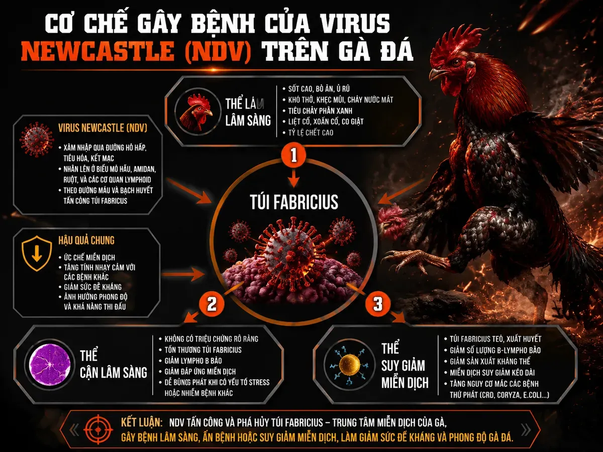 Diagram mô tả cơ chế vi rút Gumboro phá túi Fabricius và 3 thể bệnh ở gà