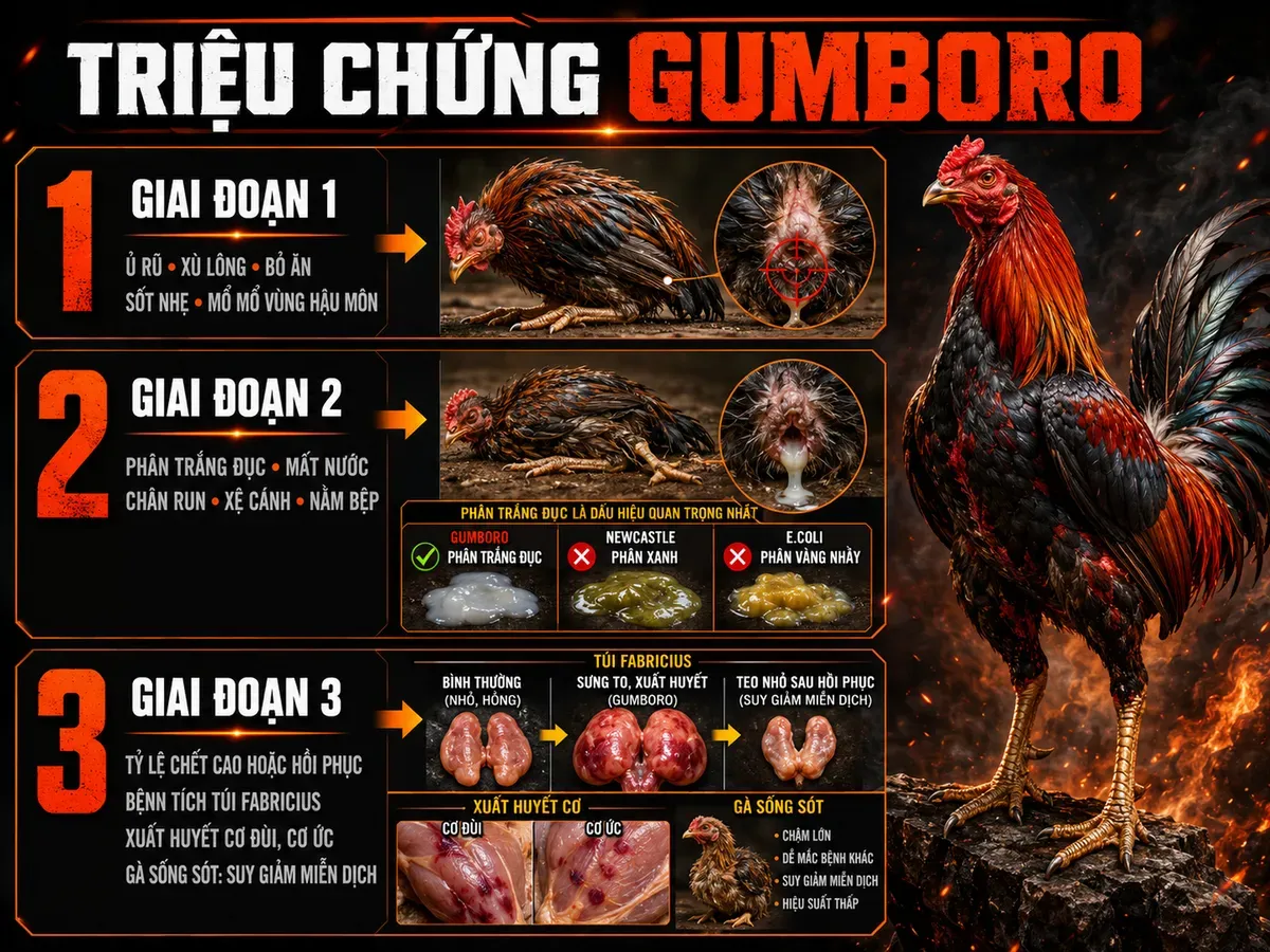 Infographic triệu chứng bệnh Gumboro theo từng giai đoạn trên gà với phân trắng đục và tổn thương túi Fabricius