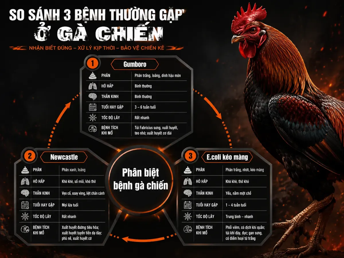 Infographic vòng tròn so sánh triệu chứng và bệnh tích của Gumboro, Newcastle và E.coli trên gà chiến