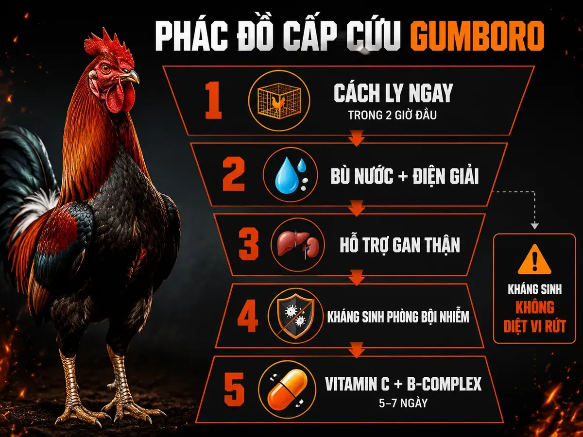 Infographic phác đồ cấp cứu Gumboro 5 bước cho gà chiến: cách ly, điện giải, gan thận, kháng sinh phòng bội nhiễm và vitamin phục hồi.