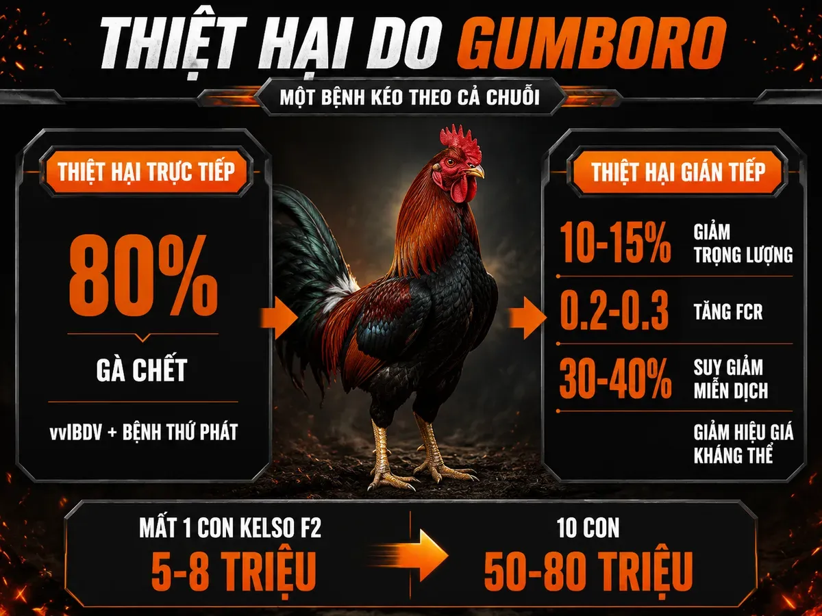 Infographic thiệt hại kinh tế do bệnh Gumboro trên gà chiến gồm chết đàn, giảm tăng trọng, tốn thức ăn và suy giảm miễn dịch.