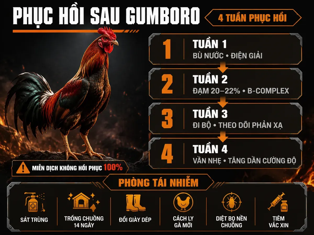 Infographic phục hồi sau Gumboro và checklist phòng tái nhiễm cho gà chiến