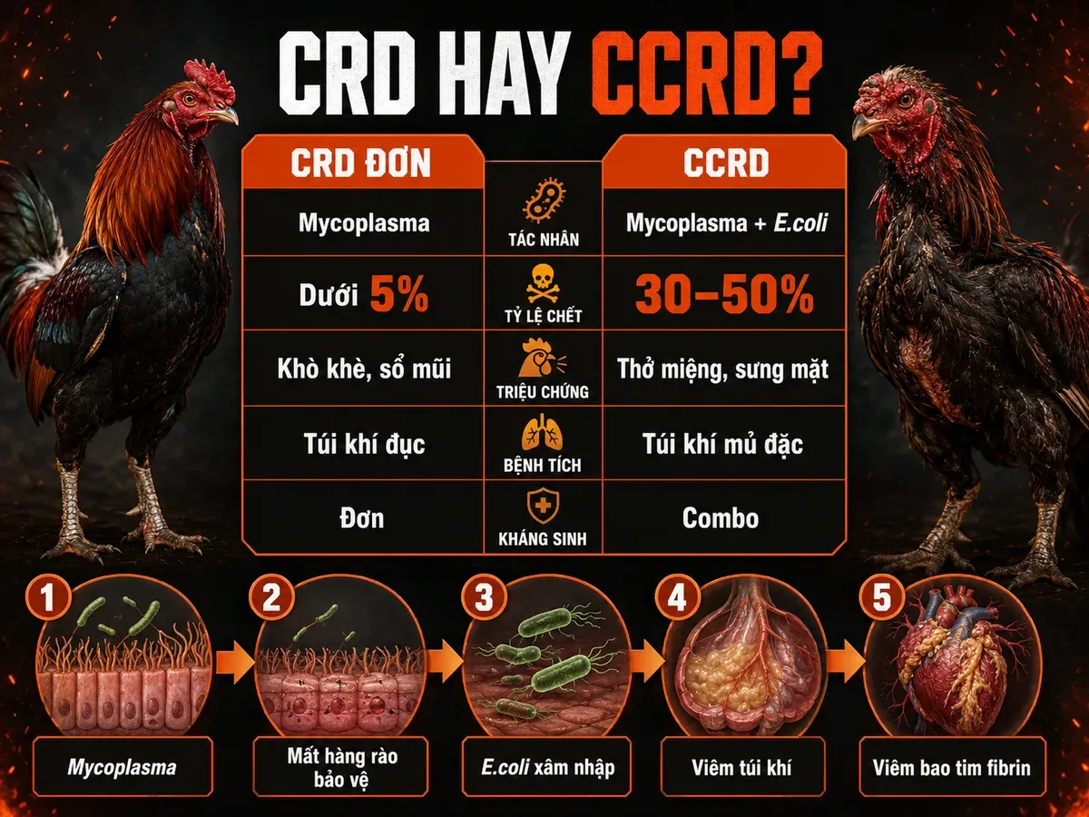 Infographic so sánh CRD đơn và CCRD ghép E.coli ở gà đá, tỷ lệ chết, triệu chứng và cơ chế biến chứng.
