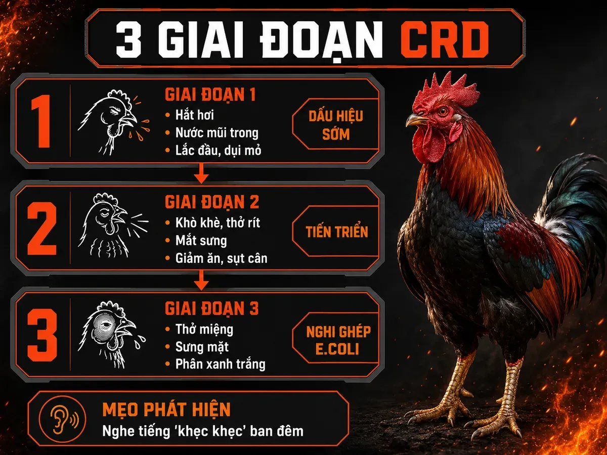 Infographic 3 giai đoạn triệu chứng bệnh hen gà CRD ở gà đá từ sớm đến nặng