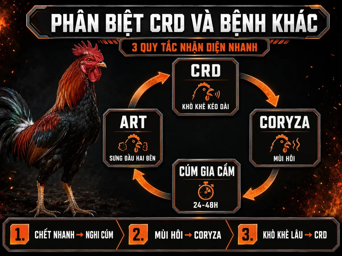 Infographic chẩn đoán phân biệt CRD Coryza Cúm gia cầm ART ở gà qua triệu chứng và tốc độ bệnh