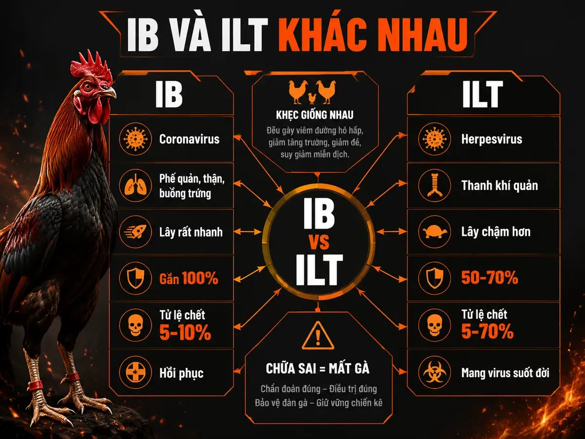Infographic phân biệt bệnh IB và ILT trên gà với bảng so sánh virus, vị trí tổn thương và mức độ lây