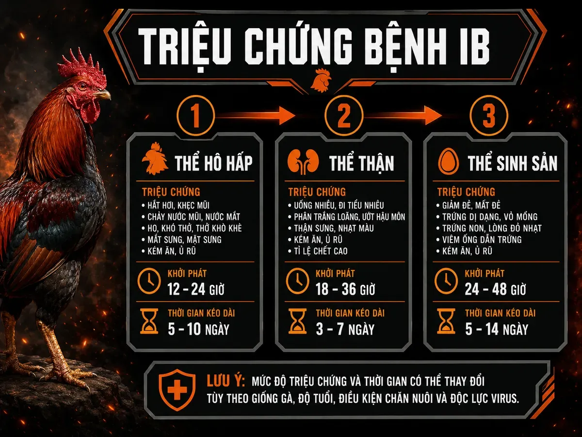 Minh họa so sánh triệu chứng 3 thể bệnh IB trên gà chiến, thời gian xuất hiện và mức độ ảnh hưởng.