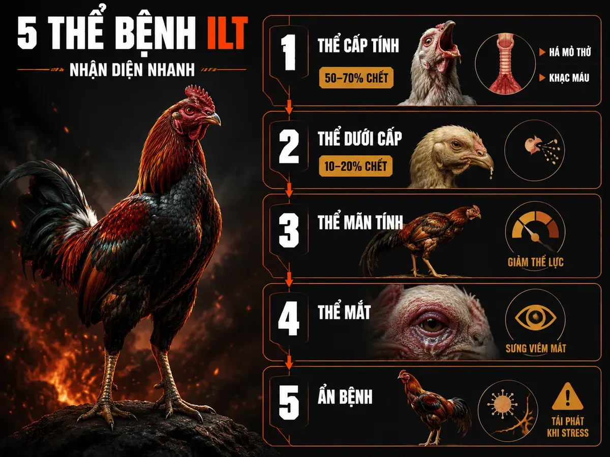 Infographic 5 thể bệnh ILT trên gà: cấp tính, dưới cấp, mãn tính, thể mắt và ẩn bệnh cùng triệu chứng đặc trưng.