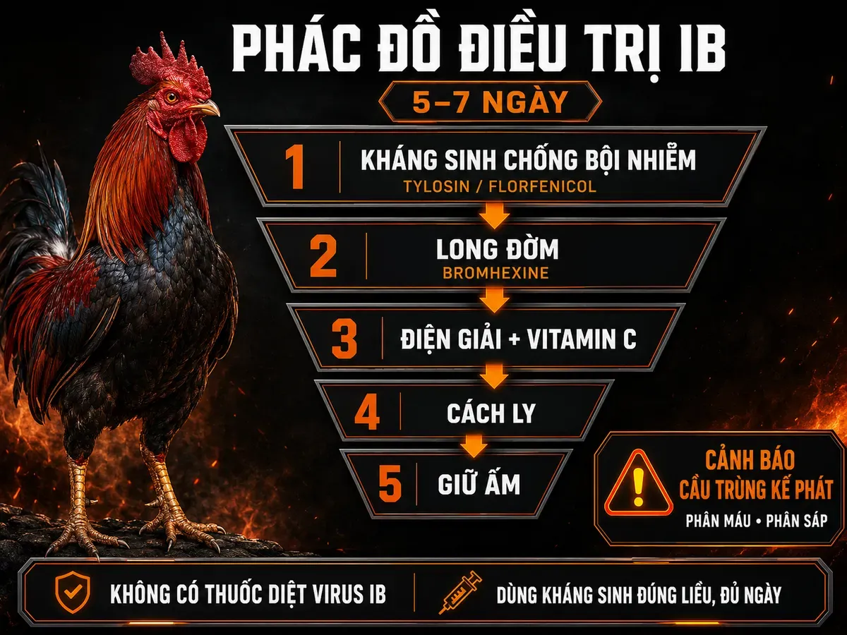 Infographic phác đồ điều trị bệnh IB trên gà 5–7 ngày gồm kháng sinh, long đờm, điện giải, cách ly và giữ ấm