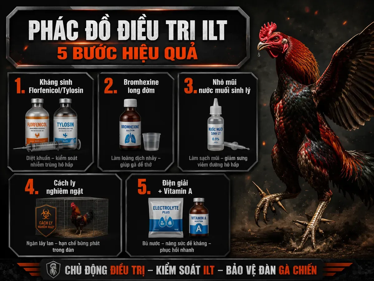 Infographic phác đồ điều trị ILT trên gà chiến, từng bước từ kháng sinh đến vitamin, minh hoạ rõ ràng
