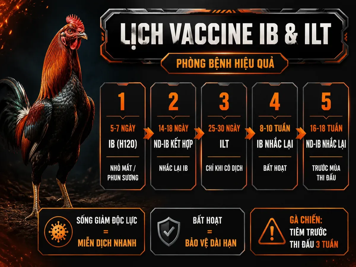 Infographic lịch tiêm vaccine IB và ILT cho gà chiến theo ngày tuổi và các mốc nhắc lại