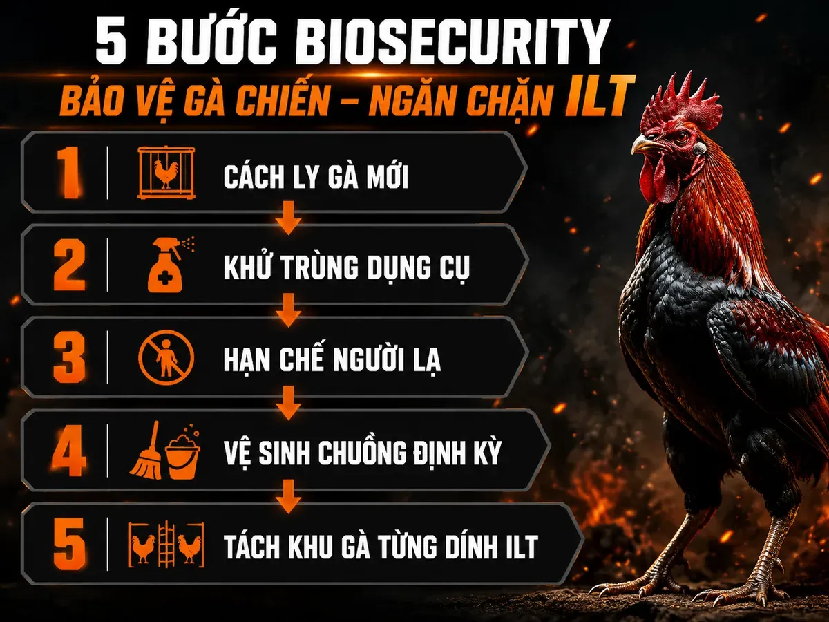 Infographic 5 bước an toàn sinh học cho gà chiến, từ cách ly gà mới đến tách khu ILT, nền tối mạnh mẽ, số bước màu cam.