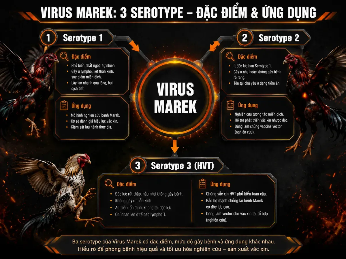 So sánh 3 serotype virus Marek ở gà, đặc điểm và ứng dụng, infographic gà chiến dark style