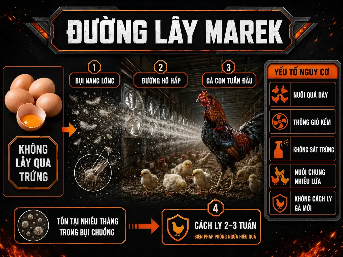 Infographic đường lây truyền bệnh Marek ở gà qua bụi nang lông, yếu tố nguy cơ và cách ly gà mới