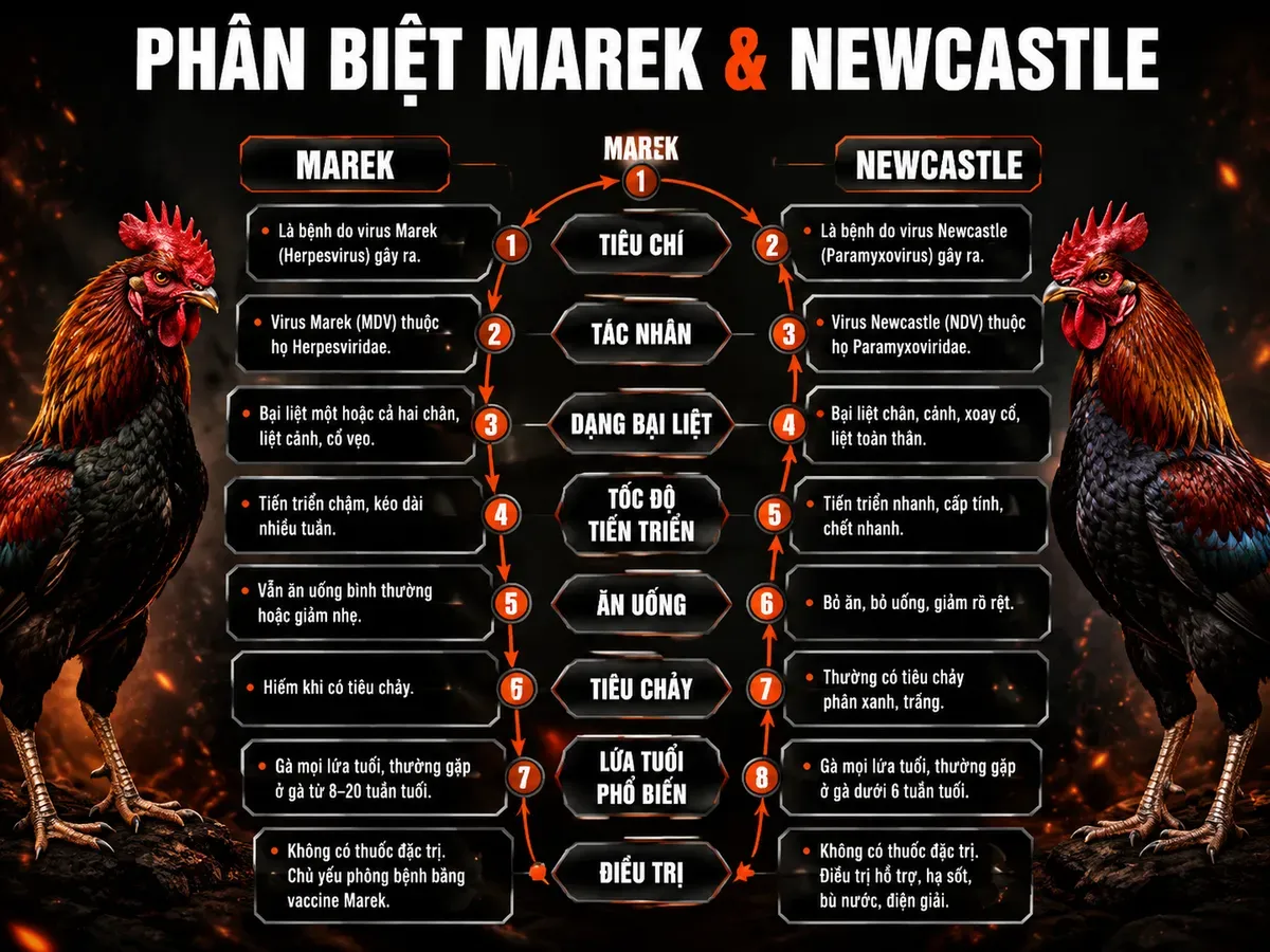 So sánh bệnh Marek và Newcastle ở gà chiến, nhấn mạnh triệu chứng và tốc độ tiến triển